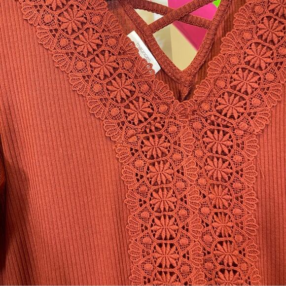 Maurices, Rust Orange Ribbed Lace Strappy Detail Long Sleeve Shirt. Size Large. - Picture 2 of 6